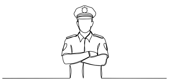 Continuous single line drawing of a police officer standing with arms crossed