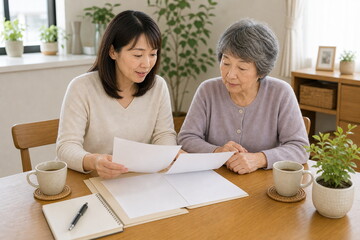 Obraz premium 二人の母娘相談と介護書類確認