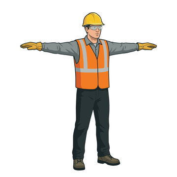 Illustration of a Construction Worker Wearing Safety Gear and High Visibility Vest Standing in a T-Pose