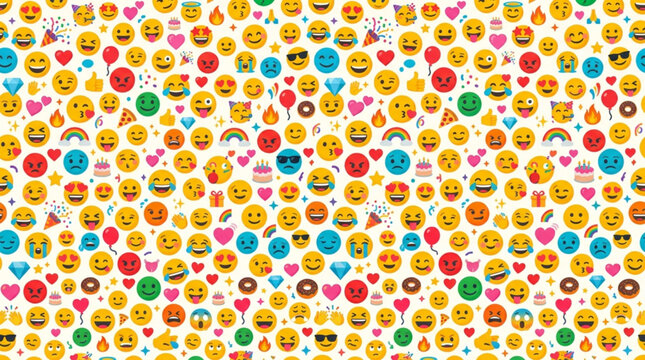Colorful emoji pattern with smiling faces and symbols on white background