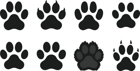 Animal Paw Print Silhouette Vector Set Featuring Dog Cat Bear and Wolf Tracks with Claws for Pet Care Graphic Designs © Ruhul