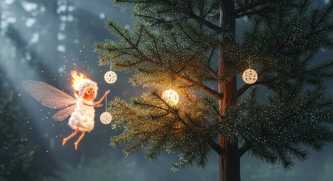 A small glowing cotton sprite made of soft fire floats near a majestic pine tree, hanging glowing ornaments within a misty magical wood, fantasy, nature, fairy