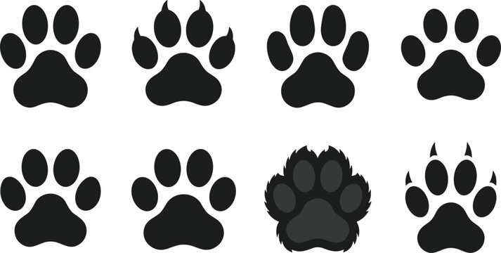 Animal Paw Print Silhouette Vector Set Featuring Dog Cat Bear and Wolf Tracks with Claws for Pet Care Graphic Designs