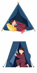 Little girl in striped pajamas sleeping and playing inside a cozy blue teepee tent, flat vector illustration set isolated on white background © Sunny