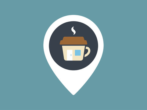 This logo design for a coffee shop features a minimalist illustration of a coffee cup within a location pin, embodying modern aesthetics and inviting creativity.