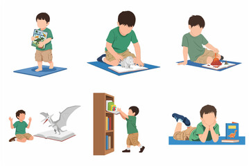 Little Boy Exploring Prehistoric World Through Dinosaur Pop-up Books Illustration Set © Sunny