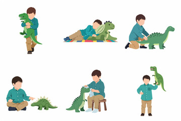 Set of flat vector illustrations of a little boy playing with dinosaur toys in various poses. © Sunny