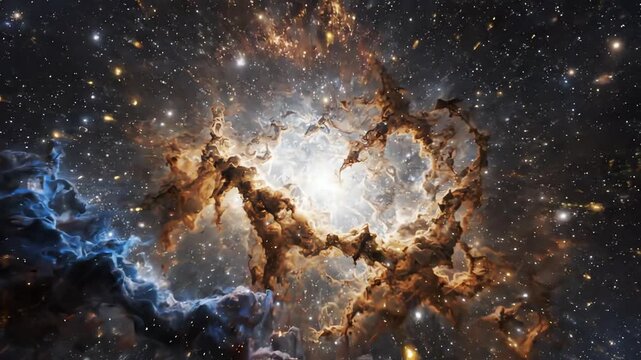 Abstract big bang explosion of glowing gold and blue particles expanding into a cosmic nebula cloud motion graphic