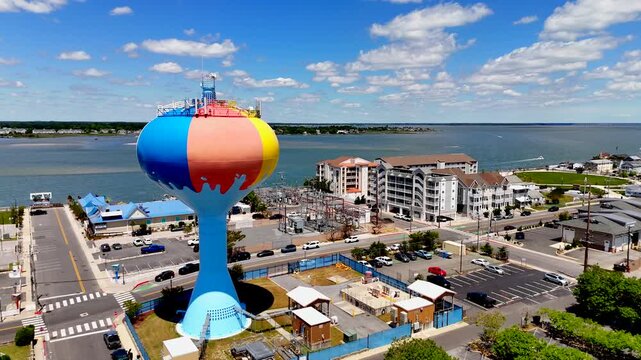 Aerial orbit Ocean City water Tower Maryland USA 2026
