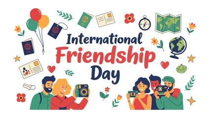 Fototapeta premium Happy International Friendship Day: A vibrant illustration celebrating International Friendship Day with diverse groups of people taking photos and traveling.