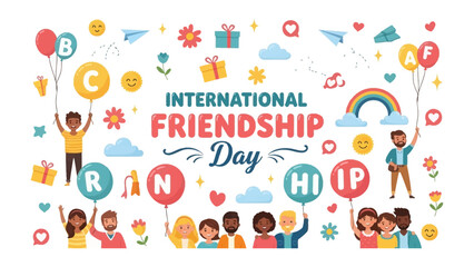 Naklejka premium International Friendship Day Celebration: A vibrant illustration depicting diverse groups of people celebrating International Friendship Day with balloons, gifts, and joyful expressions.