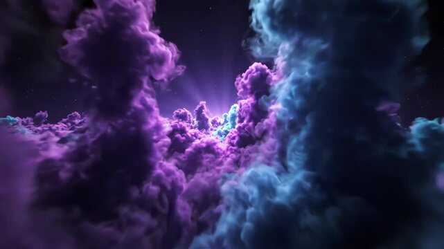Cinematic camera flight through dense ethereal purple and teal fog banks in a dark infinite space creating an abstract mystical atmosphere