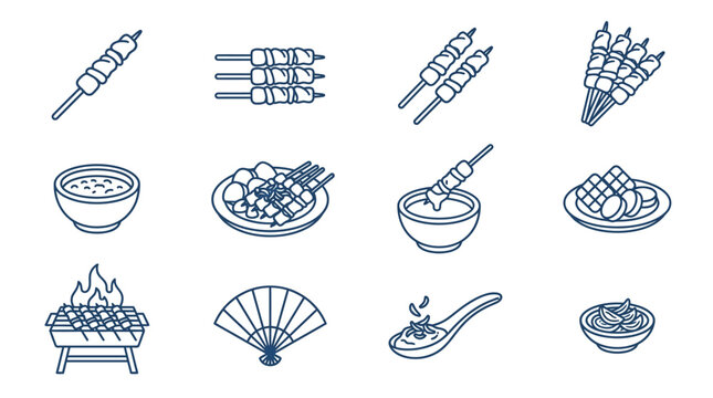 Minimalist blue line satay and dipping sauce icons