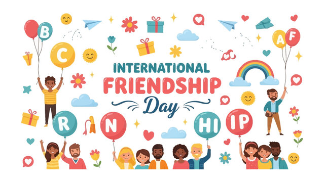 International Friendship Day Celebration: A vibrant illustration depicting diverse groups of people celebrating International Friendship Day with balloons, gifts, and joyful expressions.