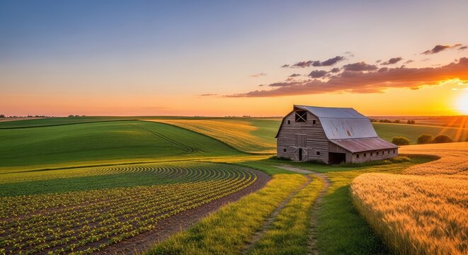 A wide scenic view of a rustic farm with a wooden barn nestled among rolling green hills and cultivated fields under a soft sunset sky, homestead, sunrise, scenery
