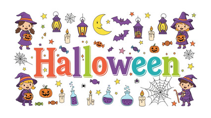 Fototapeta premium Halloween Celebration Collage: A vibrant and playful collection of Halloween-themed illustrations featuring witches, pumpkins, bats, spiders, and festive words.