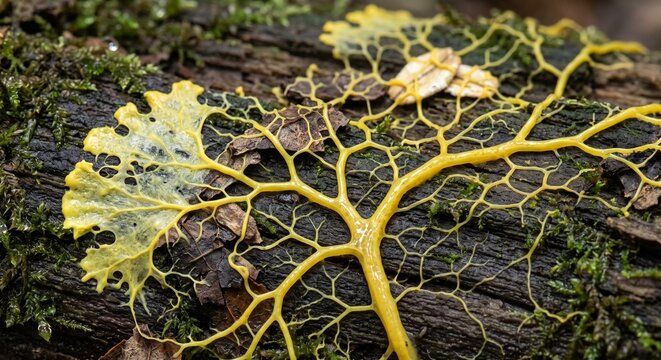 Macro of bright yellow slime mold plasmodium growing on rotting wood with oat flakes