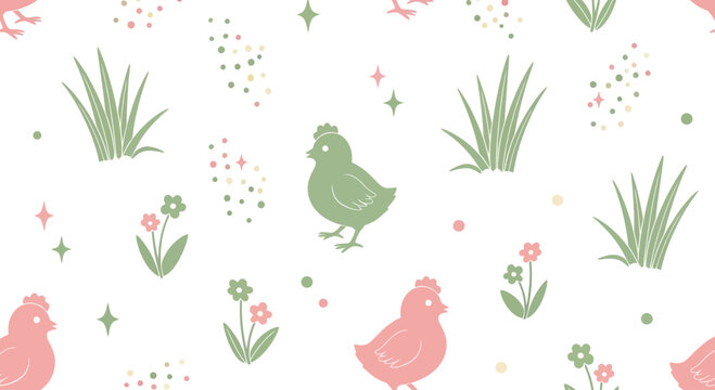 Easter themed pattern with chicks flowers and grass elements on white background