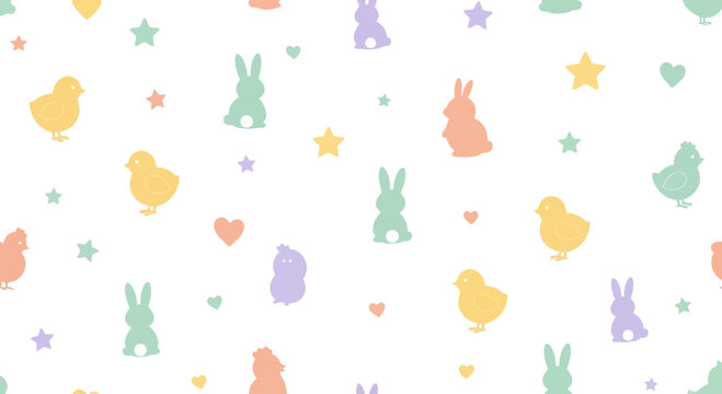 Easter themed pattern with colorful rabbits chicks hearts and stars on white background