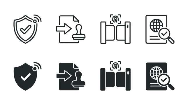 Security and verification line and glyph icon set with document biometric fingerprint passport security protection