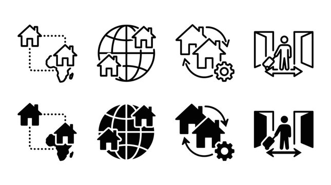 International relocation and professional housing exchange icon set with relocation international business migration