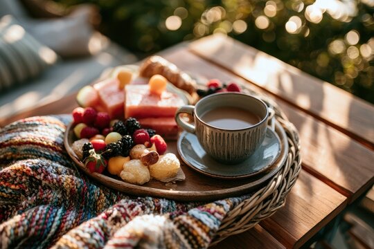 Breakfast tray with coffee and fresh berries on a wooden table in warm golden hour light for lifestyle and hospitality branding
