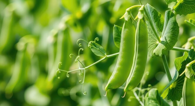 Detailed macro view of vibrant green pea pods hanging from delicate vines in a sunlit agricultural field, showcasing textures and tendrils, background, leaf, organic