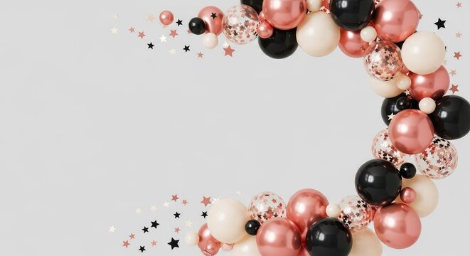 Elegant corner arrangement of rose gold black and cream balloons featuring floating star confetti on a clean and neutral background, neutral, party, arrangement