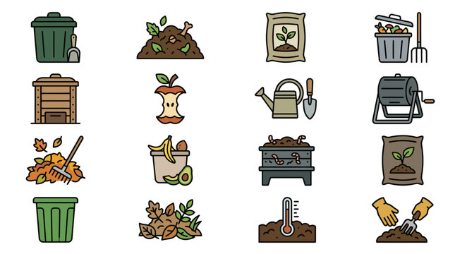 Composting Icons Set: Garden Waste, Tools, Bins, Fertilizer Bags, Soil