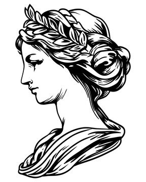 Detailed line art illustration of a classical Greek woman wearing a laurel wreath, elegant profile portrait in vintage engraving style perfect for mythology and beauty themes.