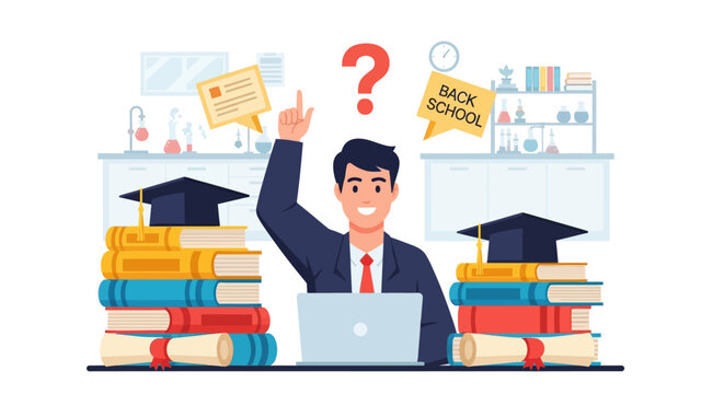 Student Raising Hand With Books and Graduation Caps.