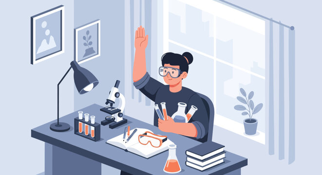 Student raising hand in science class with microscope and beakers.