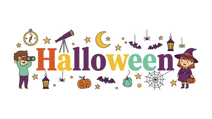 Fototapeta premium Halloween Party Fun: A whimsical banner celebrating Halloween with playful illustrations of children, pumpkins, bats, and the word Halloween in colorful letters.