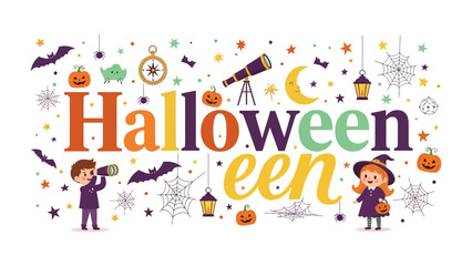Fototapeta premium Halloween Celebration: A vibrant and playful illustration capturing the spirit of Halloween with spooky motifs, playful characters, and festive typography, perfect for decorations and seasonal themes.