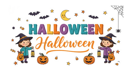 Fototapeta premium Whimsical Halloween Celebration: A charming illustration depicts a festive Halloween scene with playful pumpkins, cute witches, flying bats, and a smiling crescent moon.