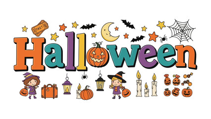 Fototapeta premium Halloween Word Art: A festive collection of colorful letters spelling Halloween, adorned with classic holiday motifs like pumpkins, bats, witches, and spiders, evoking a playful and spooky atmosphere.