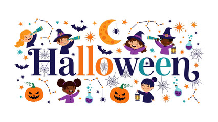 Fototapeta premium Happy Halloween Festive Design: A vibrant and playful illustration celebrating Halloween with cheerful children, pumpkins, spooky elements, and the word Halloween in decorative typography.