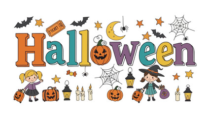 Fototapeta premium Spooky Halloween Celebration: A festive illustration depicting the word Halloween surrounded by various iconic elements like pumpkins, witches, bats, spiders, and trick-or-treat bags.