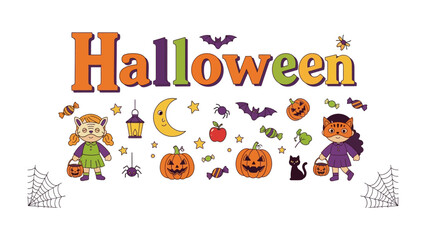Fototapeta premium Halloween Celebration Banner: A whimsical and colorful illustration captures the spirit of Halloween with cheerful pumpkins, playful bats, candy, and two cute costumed characters.