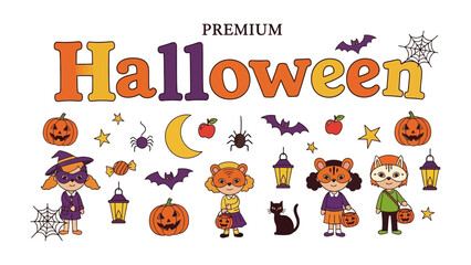 Fototapeta premium Happy Halloween Collection: A vibrant and whimsical collection of Halloween-themed illustrations featuring costumed children, playful pumpkins, spooky spiders, bats, and other festive elements.