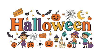 Fototapeta premium Happy Halloween Greeting: A vibrant banner celebrating Halloween with playful illustrations of children in costume, pumpkins, bats, and spooky decorations.