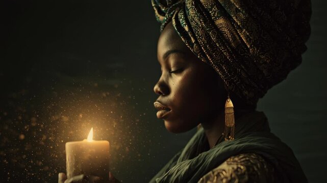 Young Black woman holding a glowing candle, symbolizing hope, remembrance, and heritage.