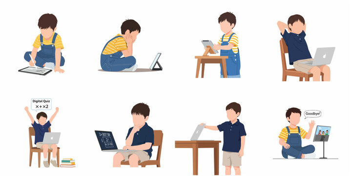 Set of illustrations of a little boy using laptop and tablet for digital learning, online classes, and remote education activities