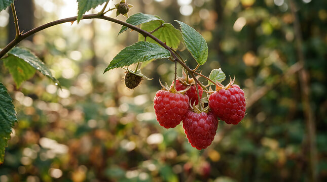 Fresh organic raspberries hanging from a branch in a sunny garden.