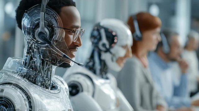 A group of humanoid robots and human professionals collaborate in a high tech call center, wearing headsets and providing customer service. The scene highlights innovation and teamwork