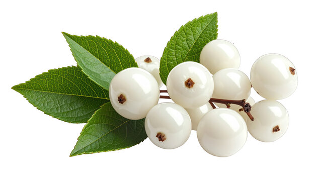 Fresh White Snowberries with Green Leaves Isolated on White Background