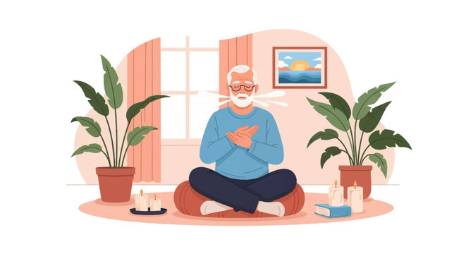 Senior man with gray hair and glasses practicing deep breathing exercises while sitting cross-legged in a home interior with potted plants, candles, and a window.