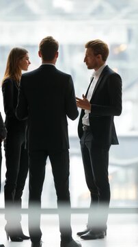 A group of young executives stands together, discussing important matters in a bright, contemporary workspace. Their body language suggests negotiation, leadership, and professional communication