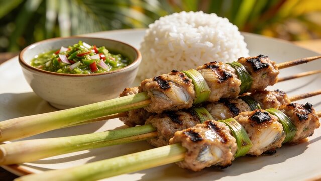 Southeast Asian grilled minced meat skewers on lemongrass stalks, served with white steamed rice and spicy green chili sambal dip.