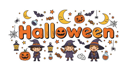 Fototapeta premium Halloween Celebration: A whimsical illustration depicts a cheerful Halloween scene with cute witches, pumpkins, bats, and crescent moons, celebrating the spirit of the spooky holiday.